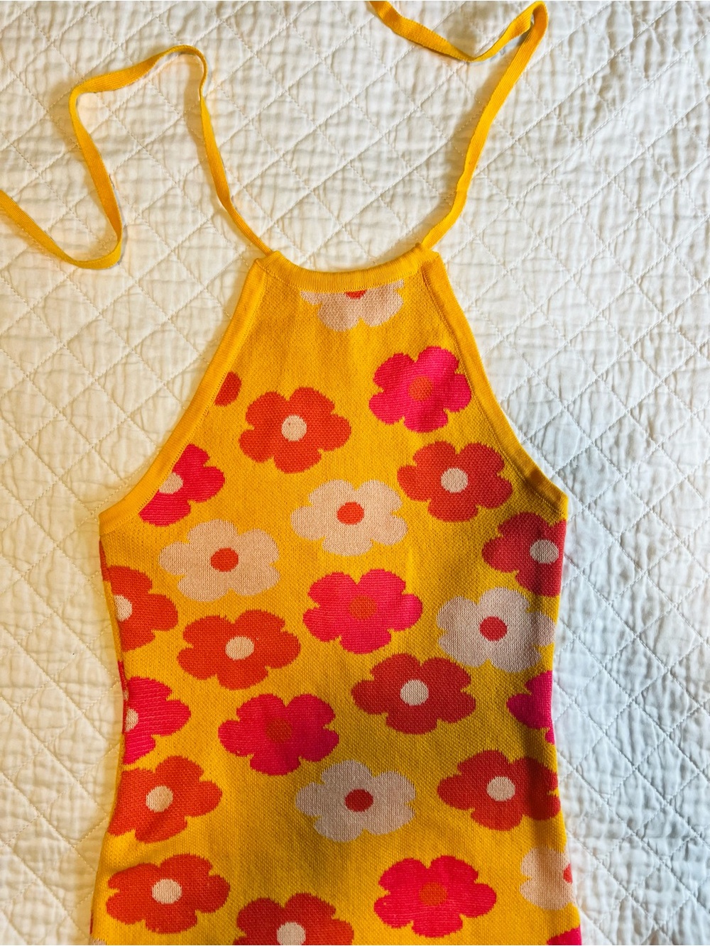 Altar’d State Yellow Floral Knit Halter Mini Dress Tie Straps Size S Floral